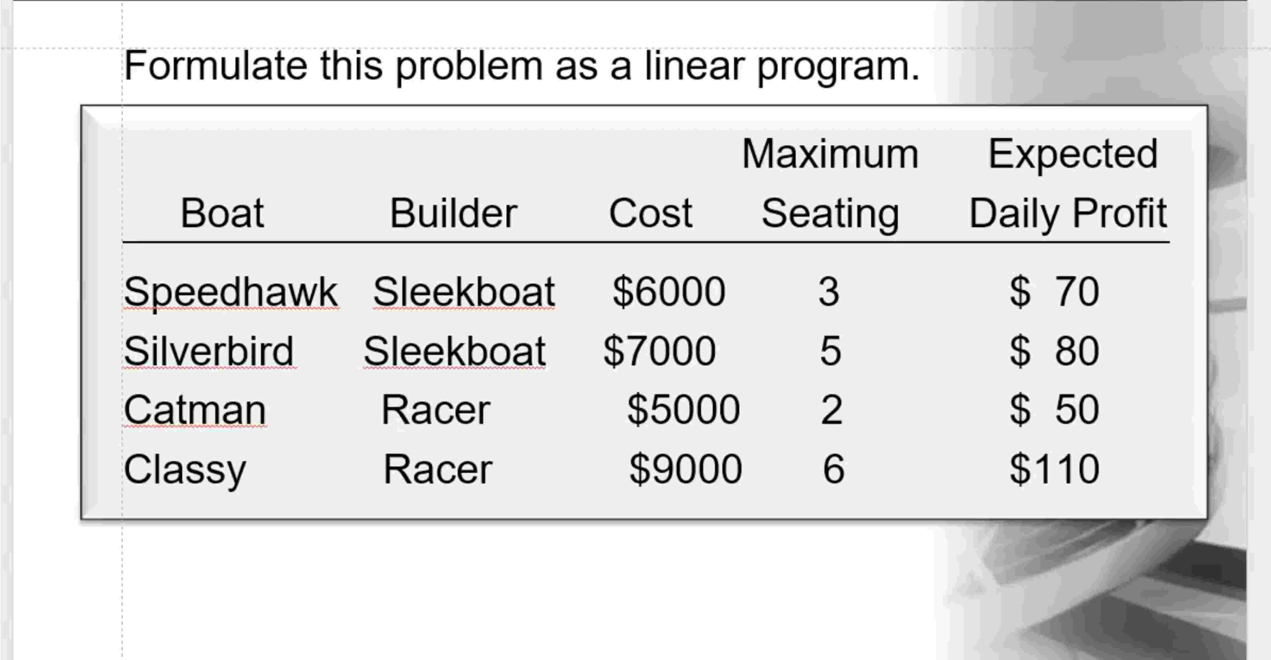 Formulate this problem as a linear program.