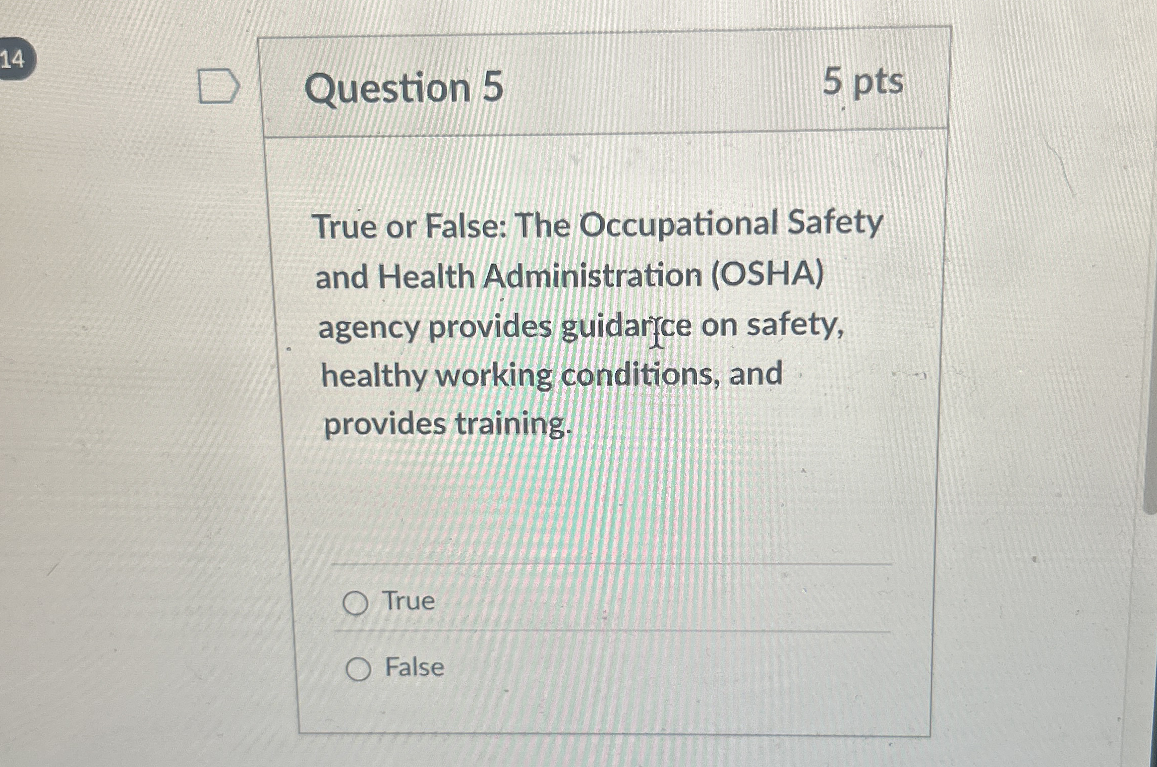 1 4 Question 5 5 pts True or False: The