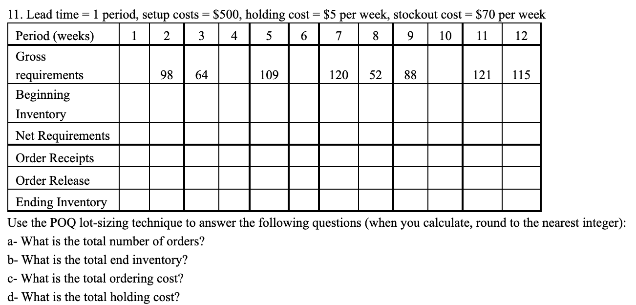 3 11. Lead time = 1 period, setup costs = $500,