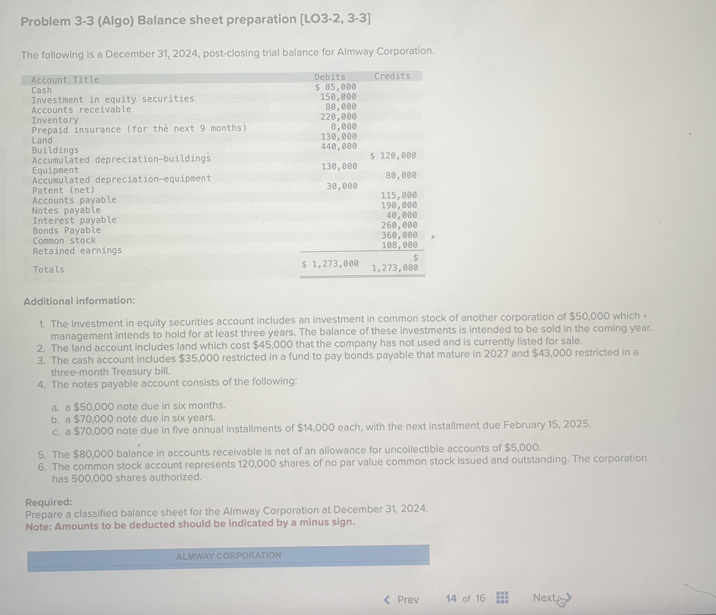 Problem 3 - 3 ( Algo ) Balance sheet preparation