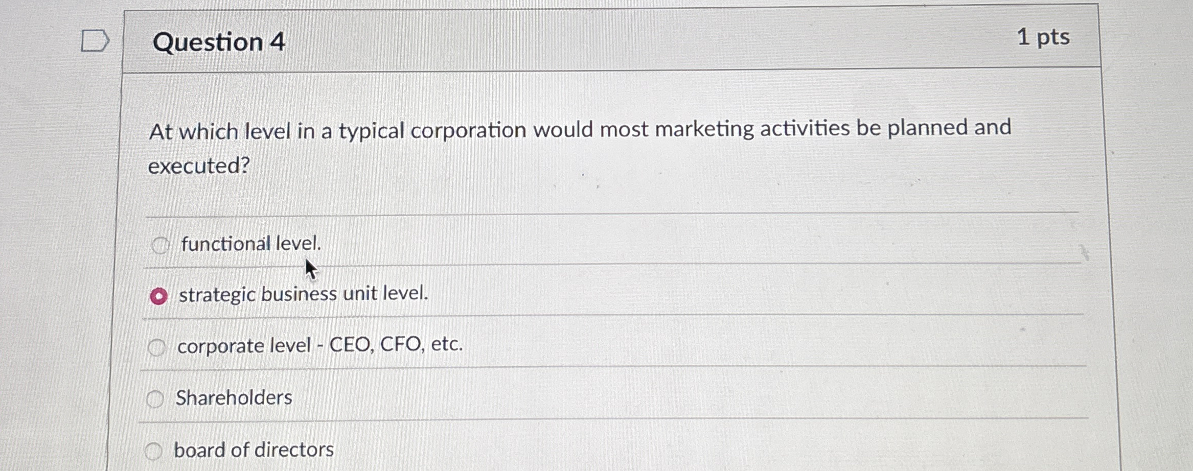 Question 4 1 pts At which level in a typical