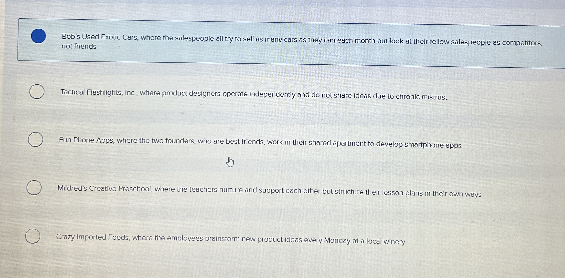 Bob's Used Exotic Cars, where the salespeople all