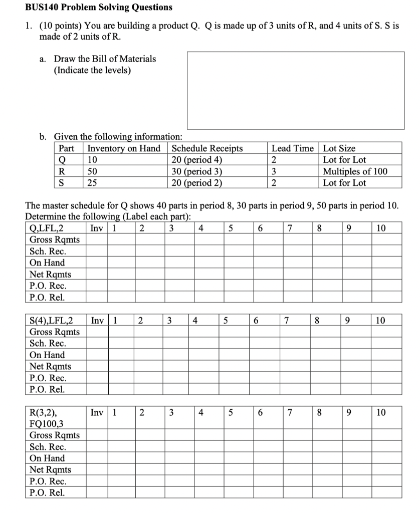 BUS140 Problem Solving Questions 1. (10 points)