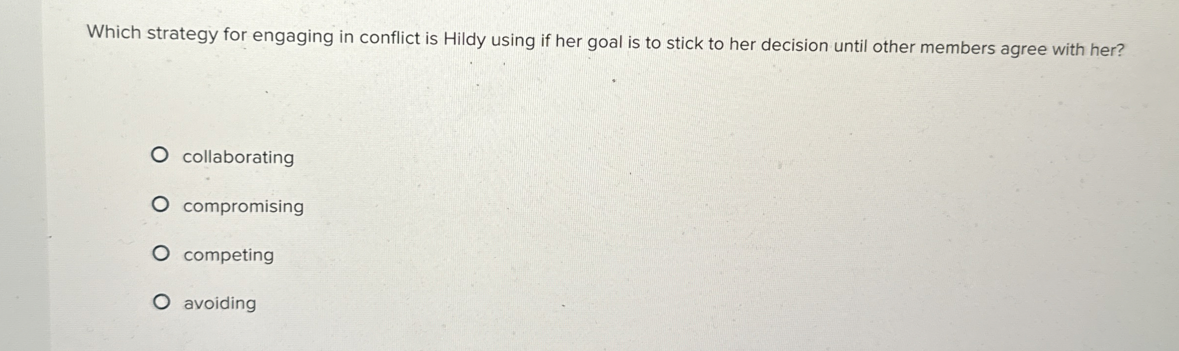 Which strategy for engaging in conflict is Hildy