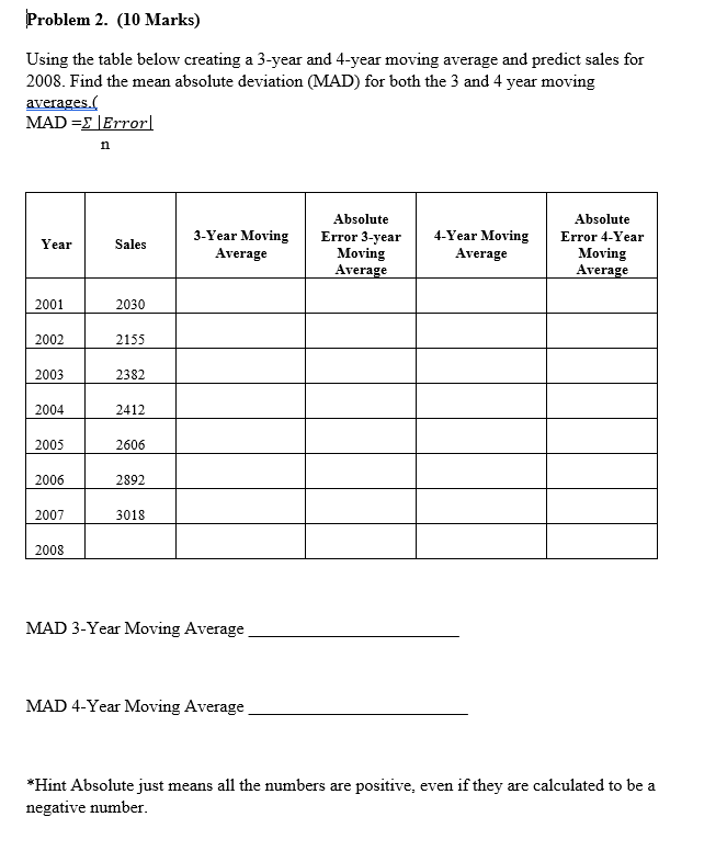 Problem 2. (10 Marks) Using the table below