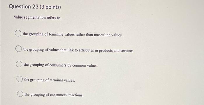 Question 23 (3 points) Value segmentation refers