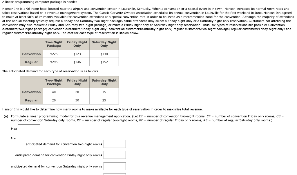 A linear programming computer package is needed.