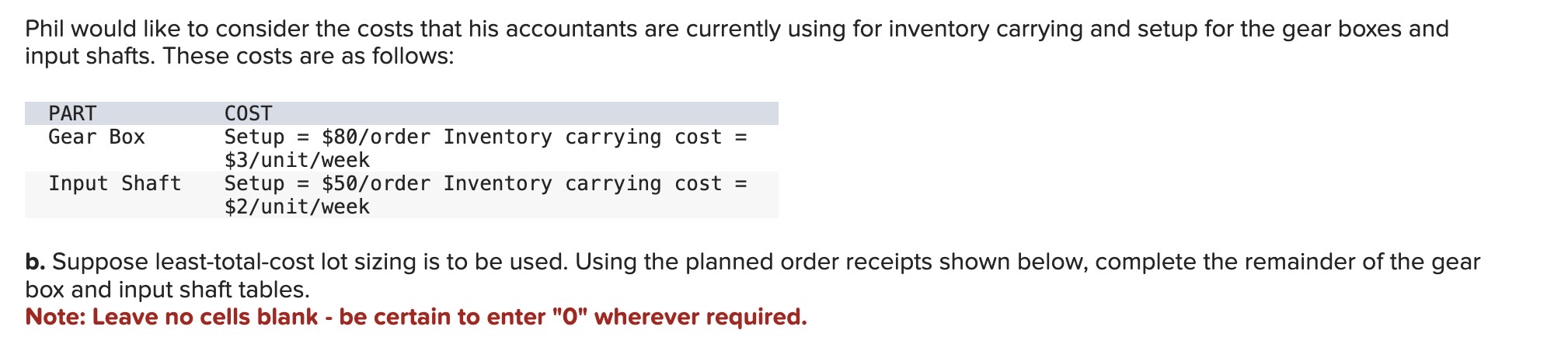 In preparing the MRP example, Phil planned to use
