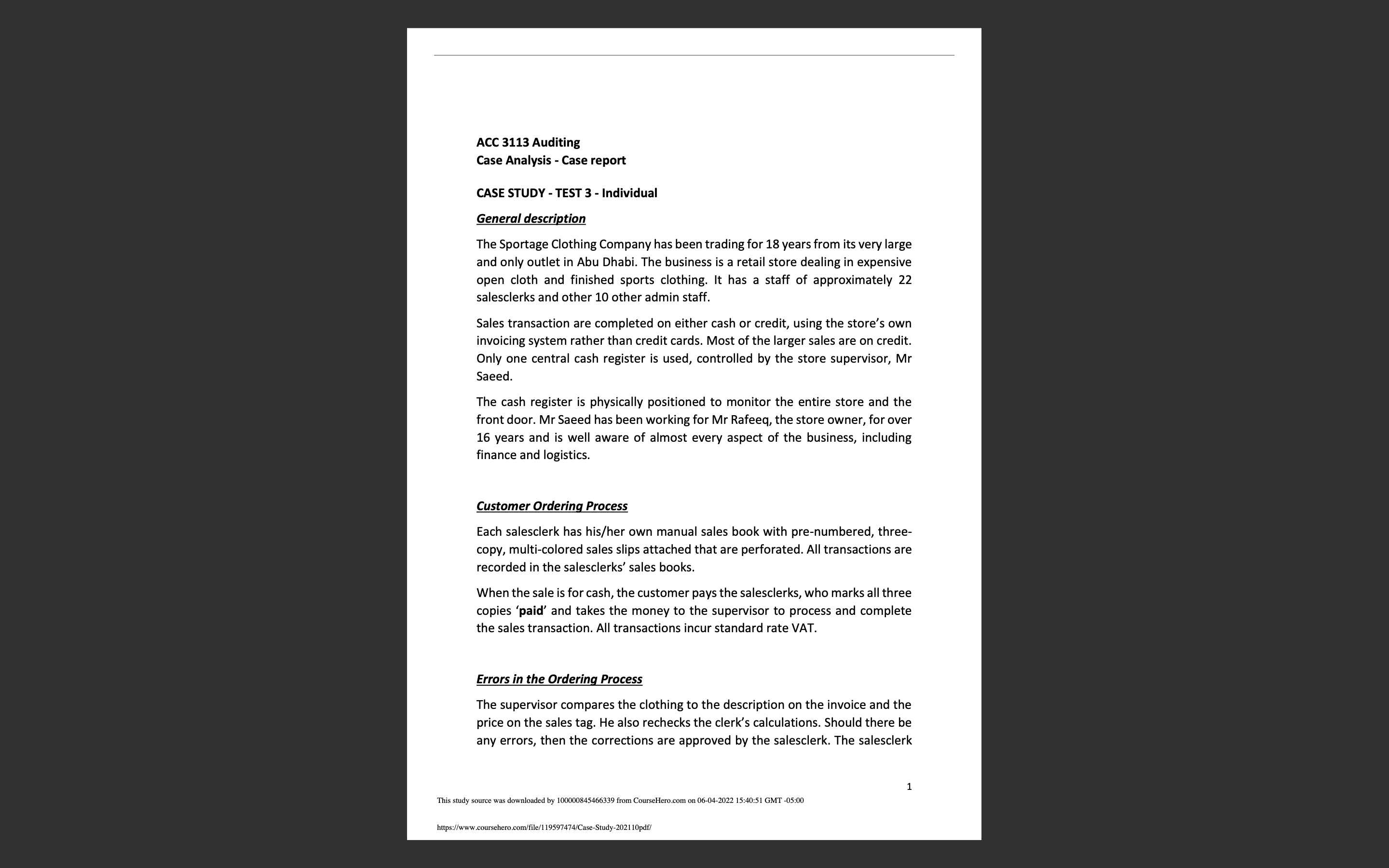 ACC 3113 Au ' 'ng case Analysis - Case