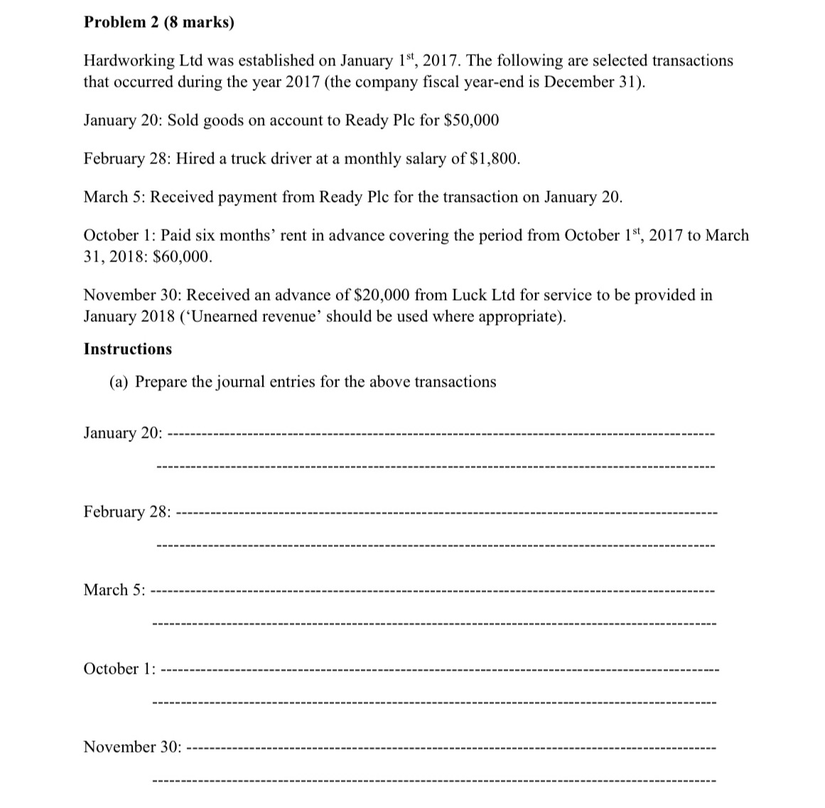 Problem 2 (8 marks) Hardworking Ltd was
