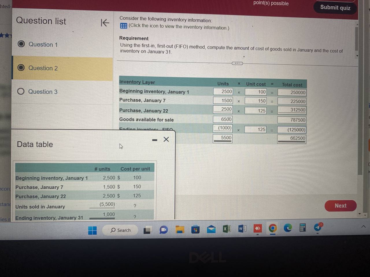 point(s) possible hted Submit quiz Question list