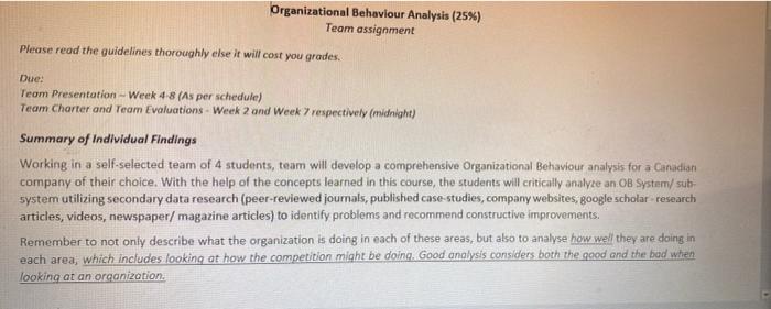 Organizational Behaviour Analysis (25%) Team