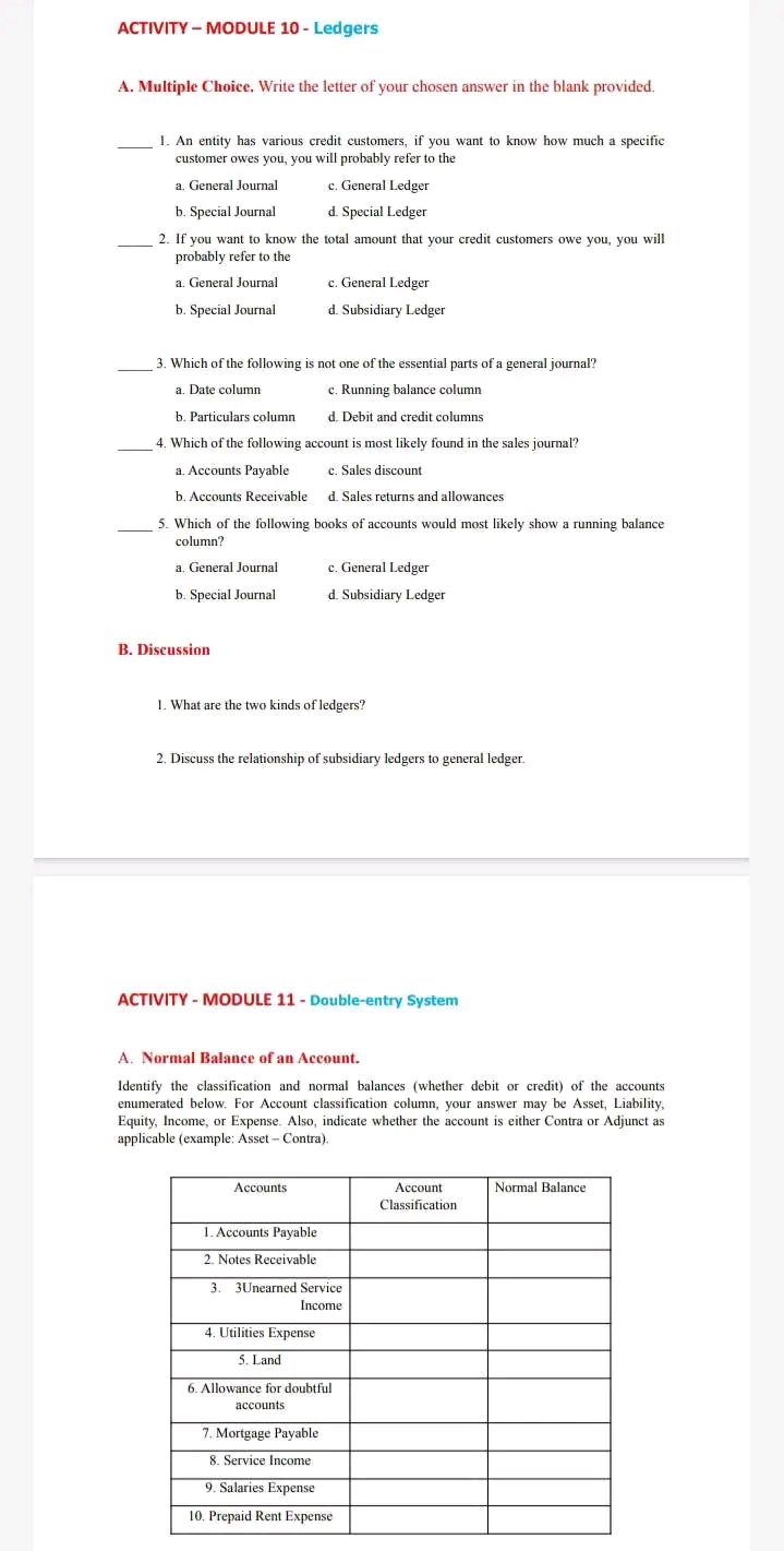 ACTIVITY - MODULE 10 - Ledgers A. Multiple