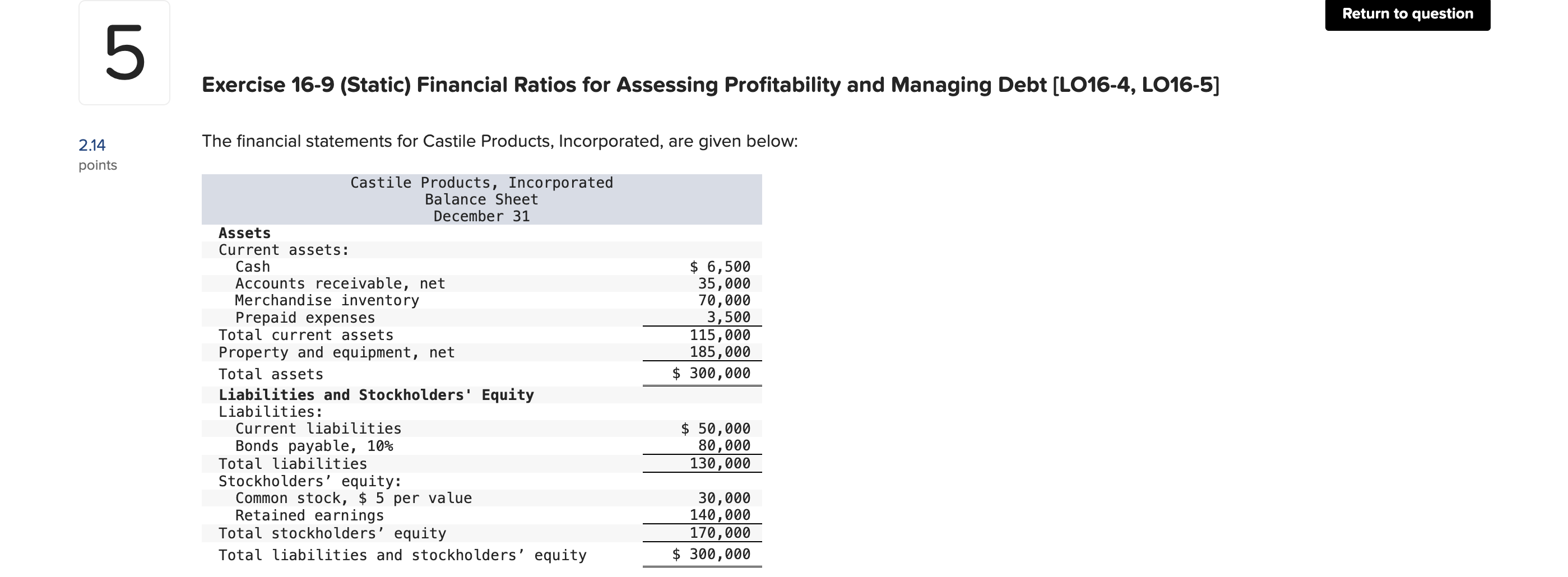 5 214 points Exercise 16-9 (Static) Financial