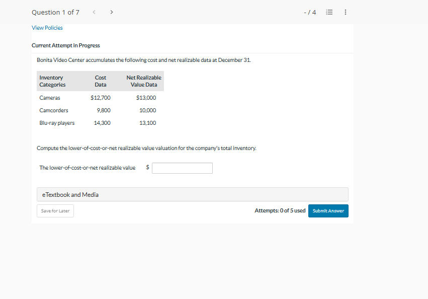 Question 1 of 7 < - /4 E View Policies Current