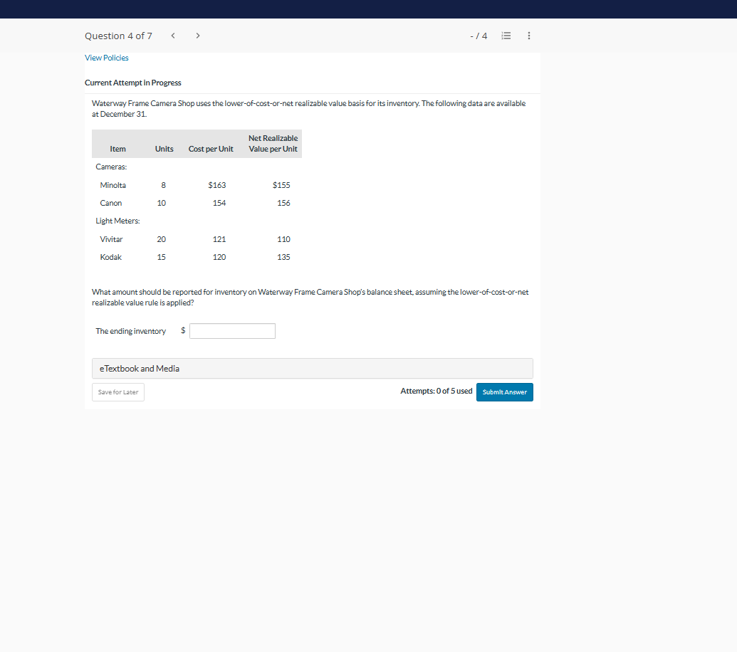 Question 1 of 7 < - /4 E View Policies Current
