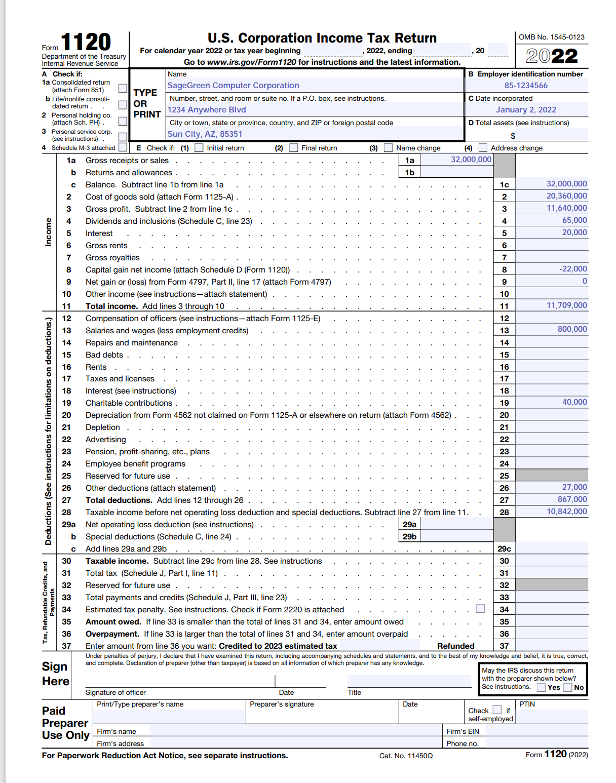Below is Form 1120 and the Excel data necessary
