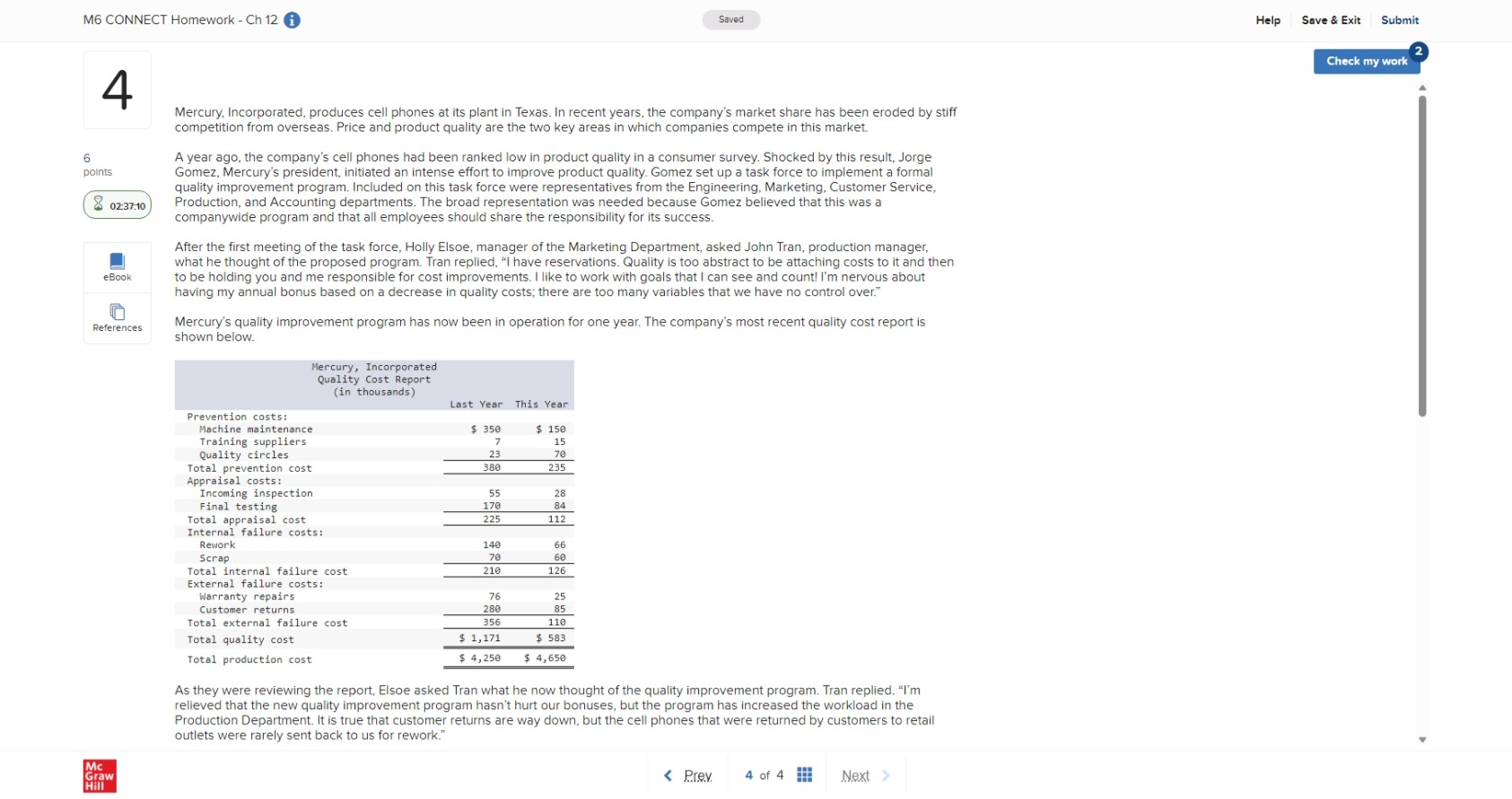 M6 CONNECT Homework - Ch 12 Saved Help Save &