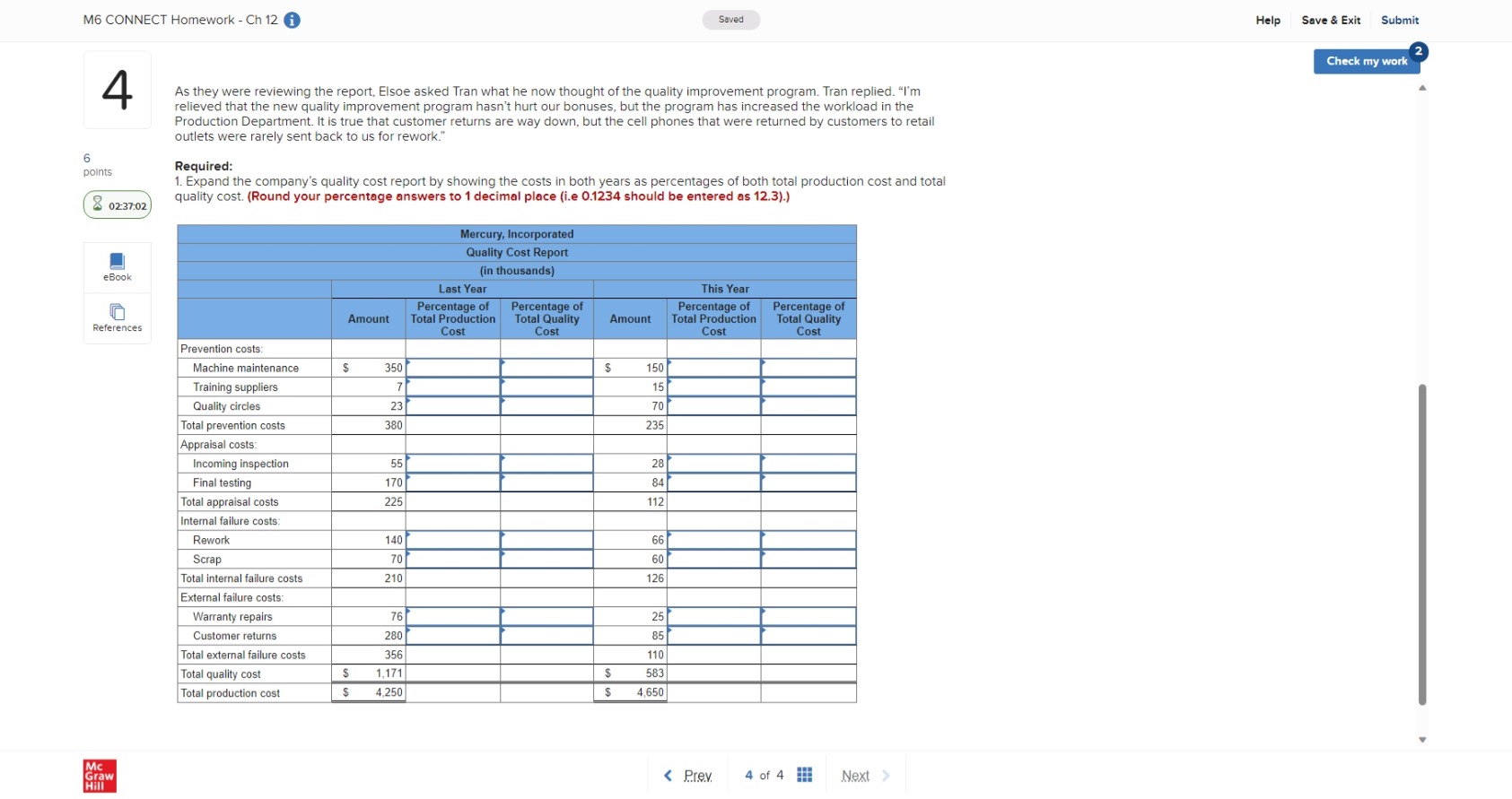 M6 CONNECT Homework - Ch 12 Saved Help Save &