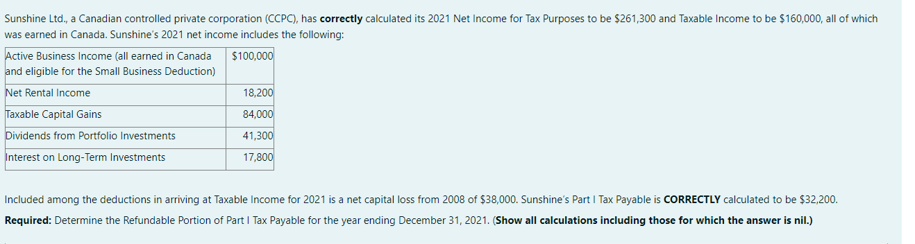 Sunshine Ltd.. a Canadian controlled private