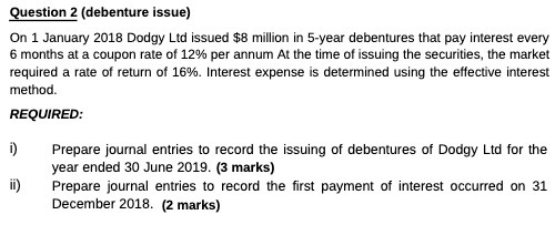 Question 2 (debenture issue) On 1 January 2018