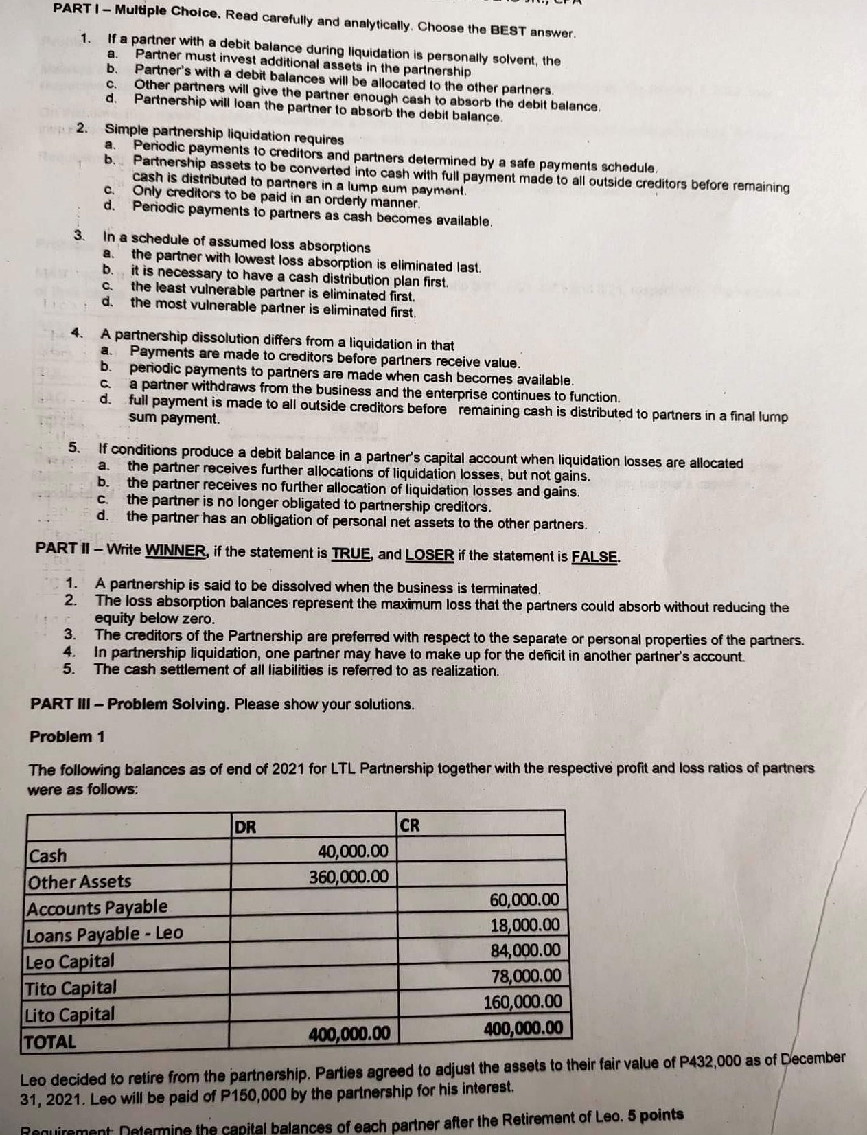 PART I - Multiple Choice. Read carefully and