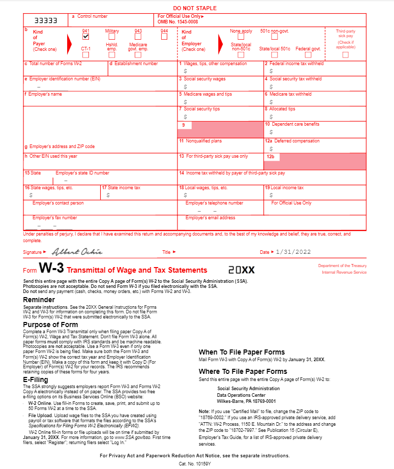 PSa 6-? Complete Form W-3 Complete the W3 Form