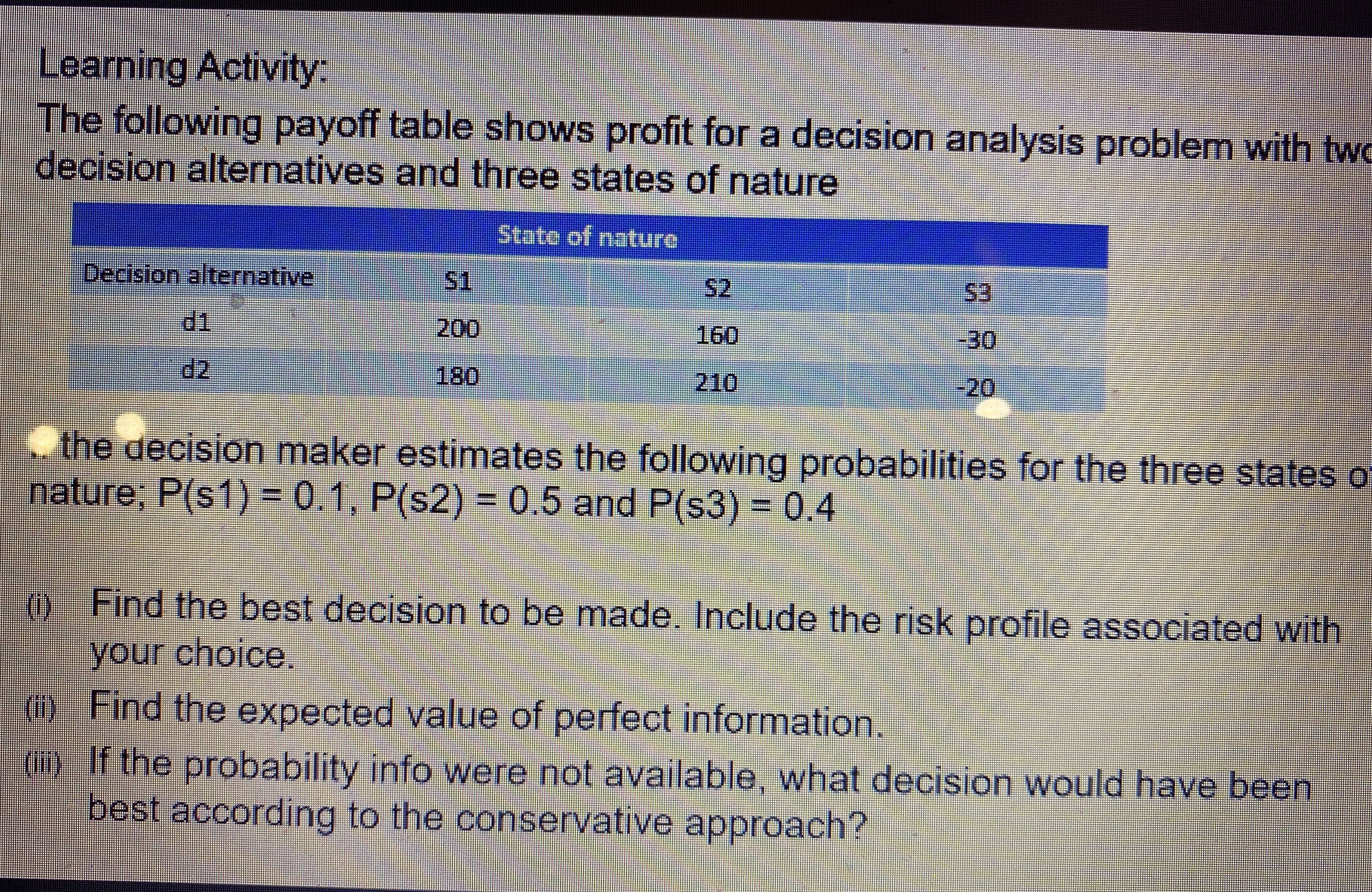 Find the best decision to be made . Include the