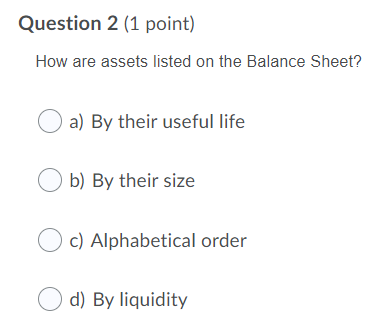 Question 1 (1 point) What does a balance sheet