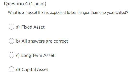 Question 1 (1 point) What does a balance sheet