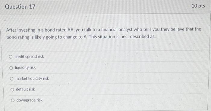 Question 17 10 pts After investing in a bond