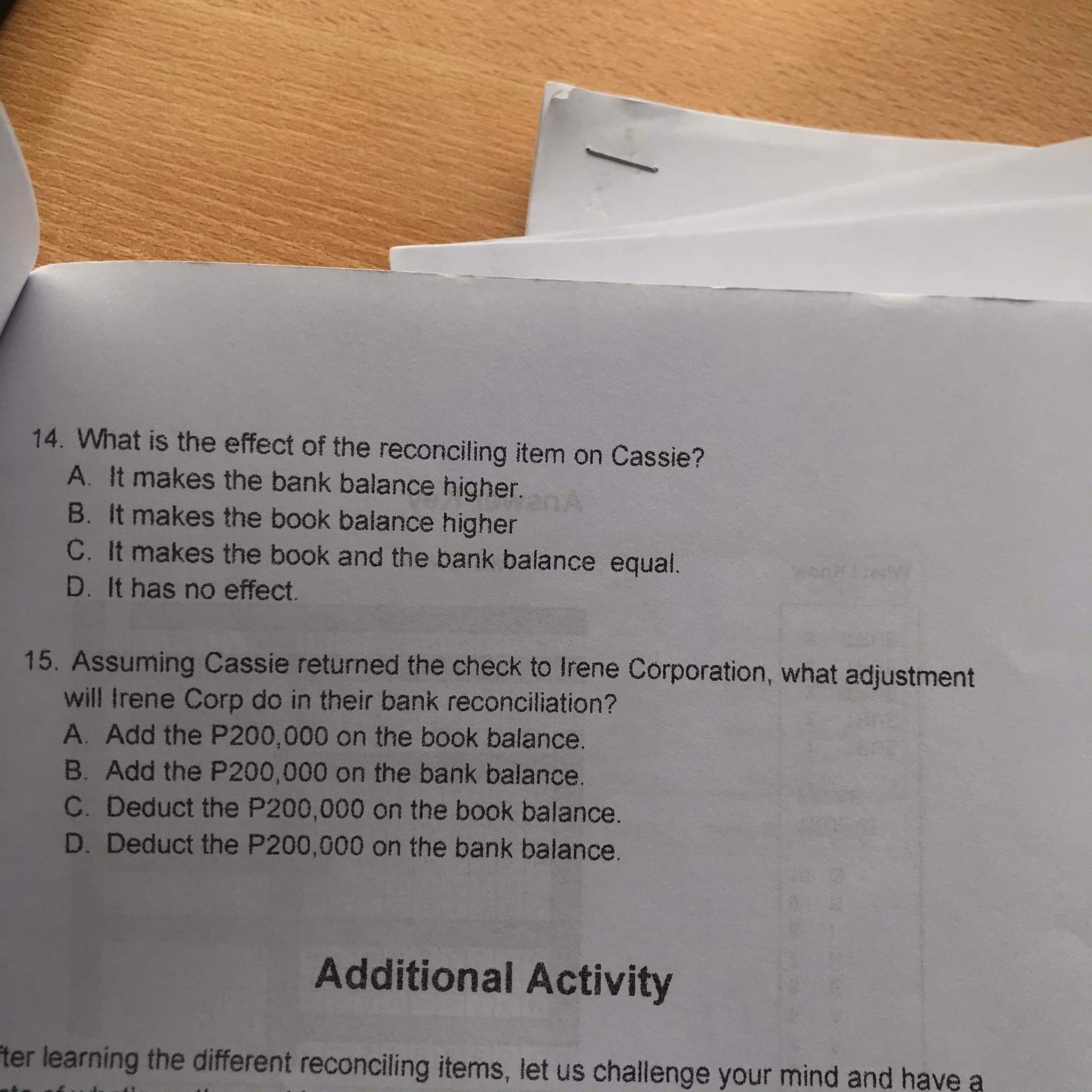 Please answer the activity and most important