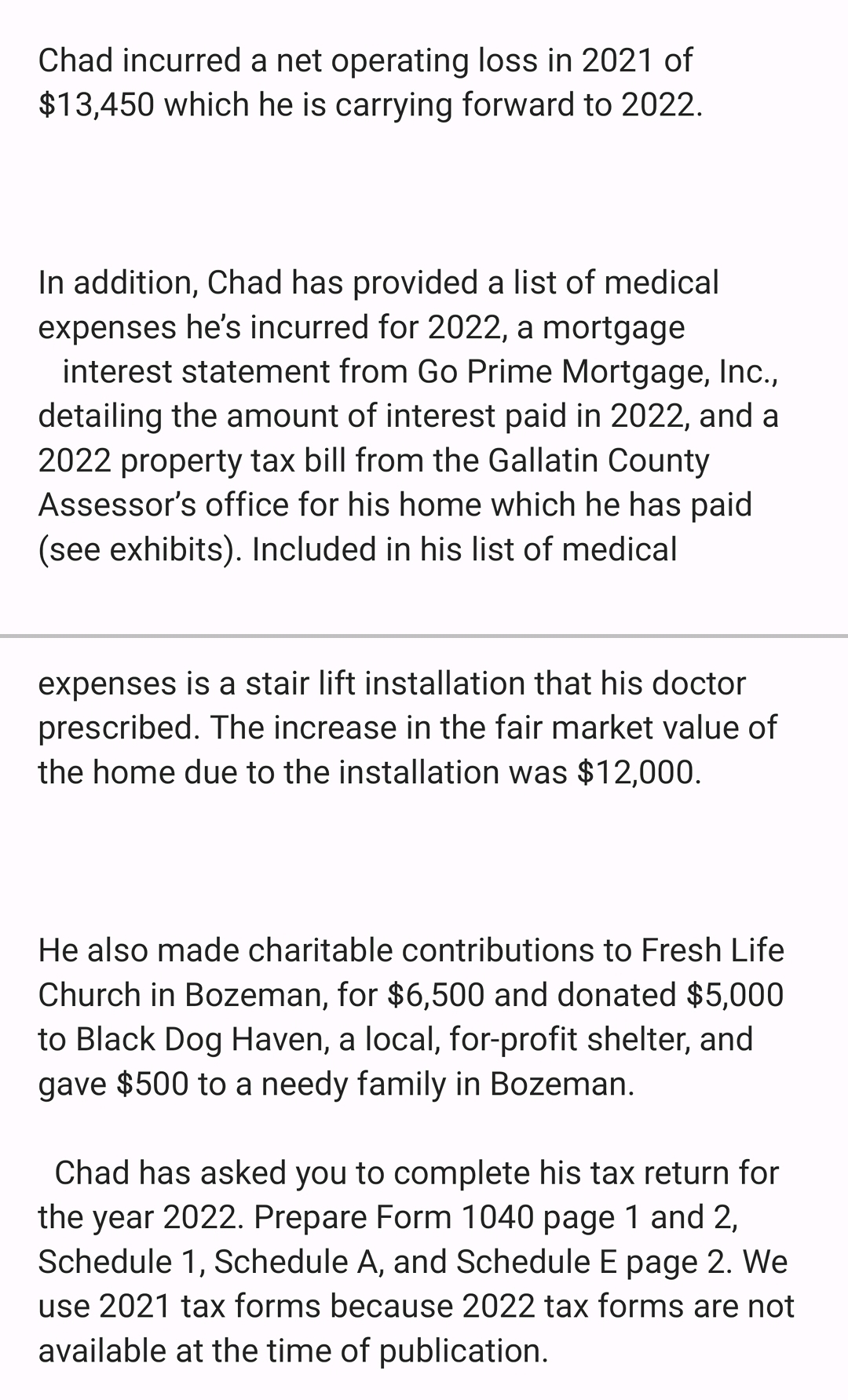 Please try to help Chad incurred a net operating