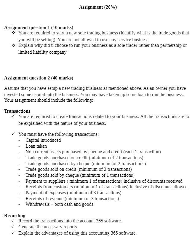 Assignment (20%) Assignment question 1 (10 marks)