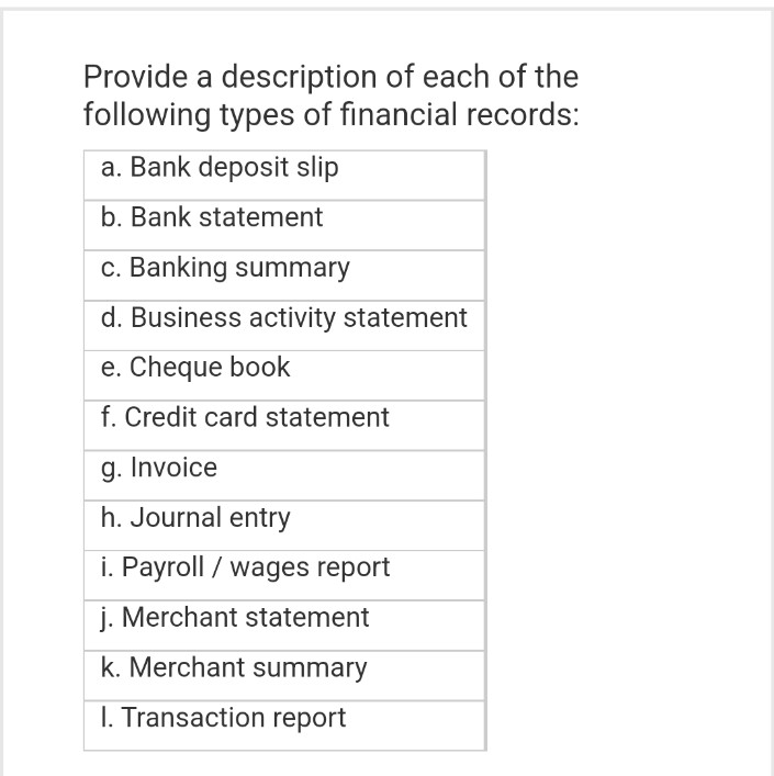 Provide a description of each of the following