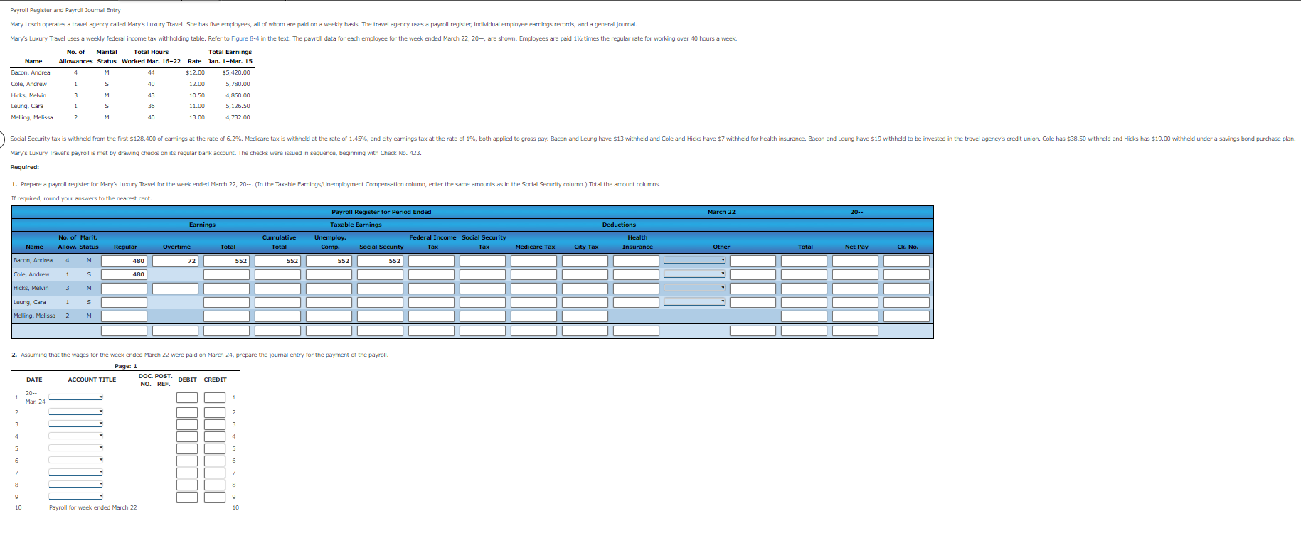 Payroll Register and Payroll Journal Entry Mary