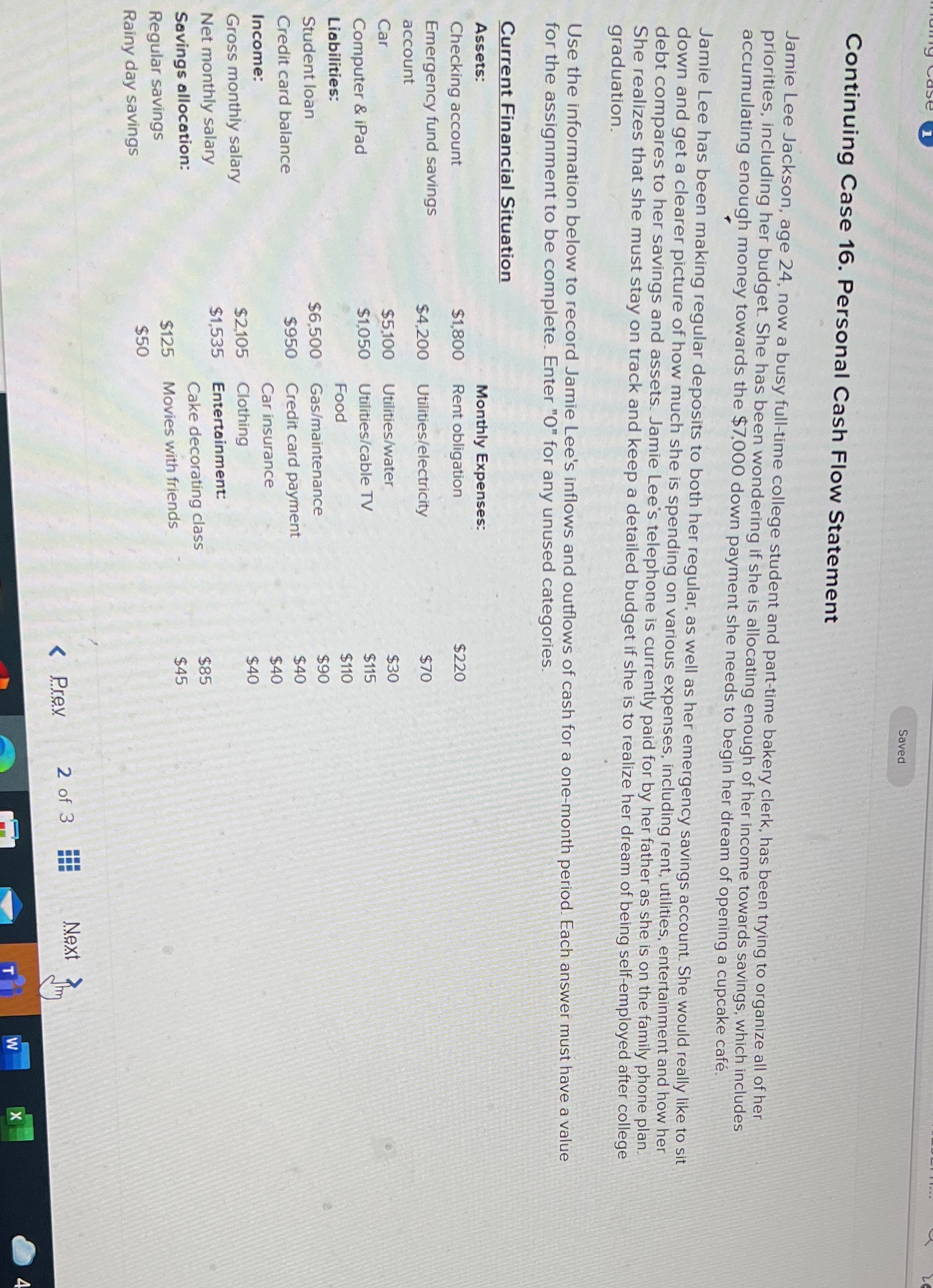 Saved Continuing Case 16. Personal Cash Flow