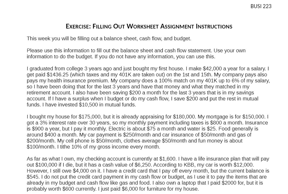 BUSI 223 EXERCISE: FILLING OUT WORKSHEET