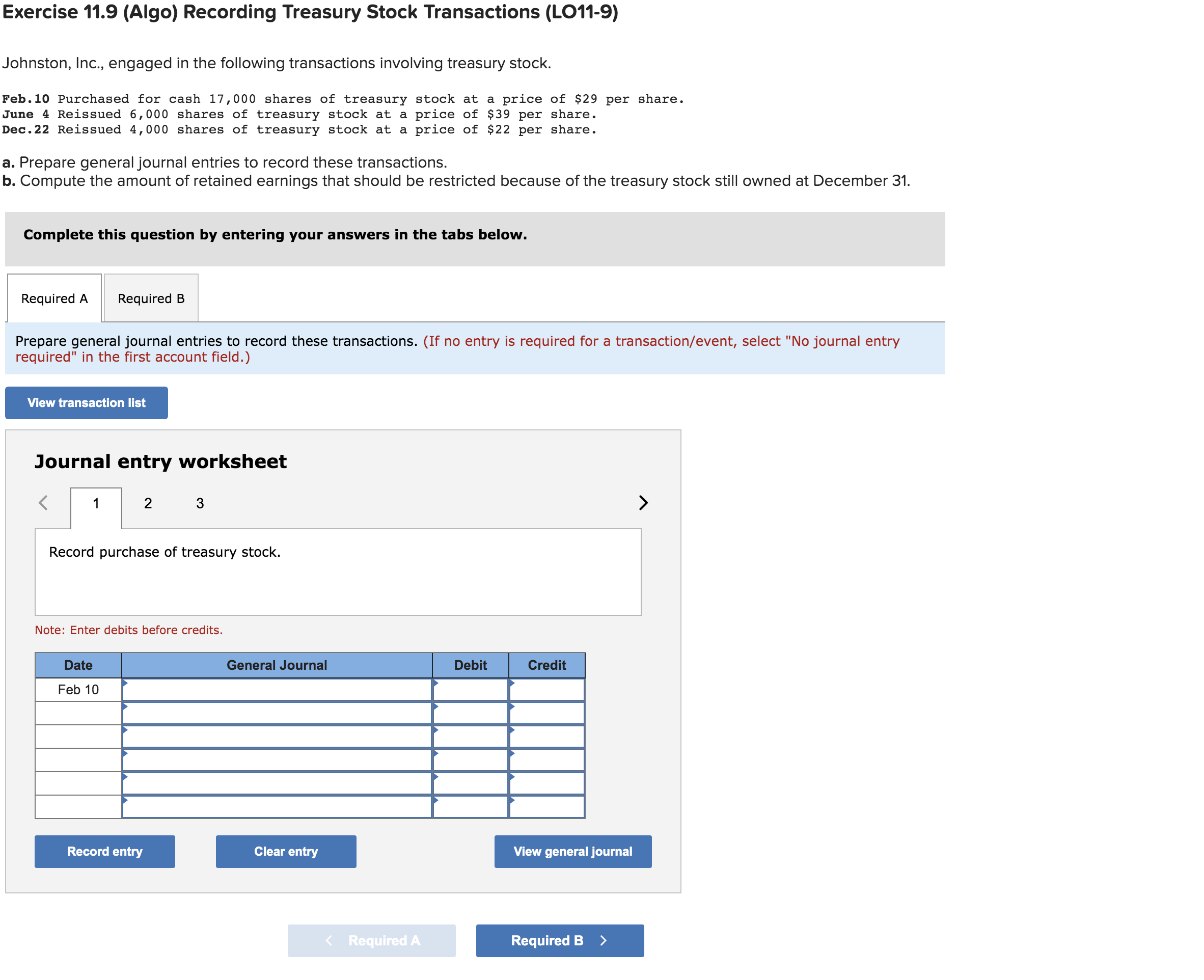 Exercise 11.9 (Algo) Recording Treasury Stock