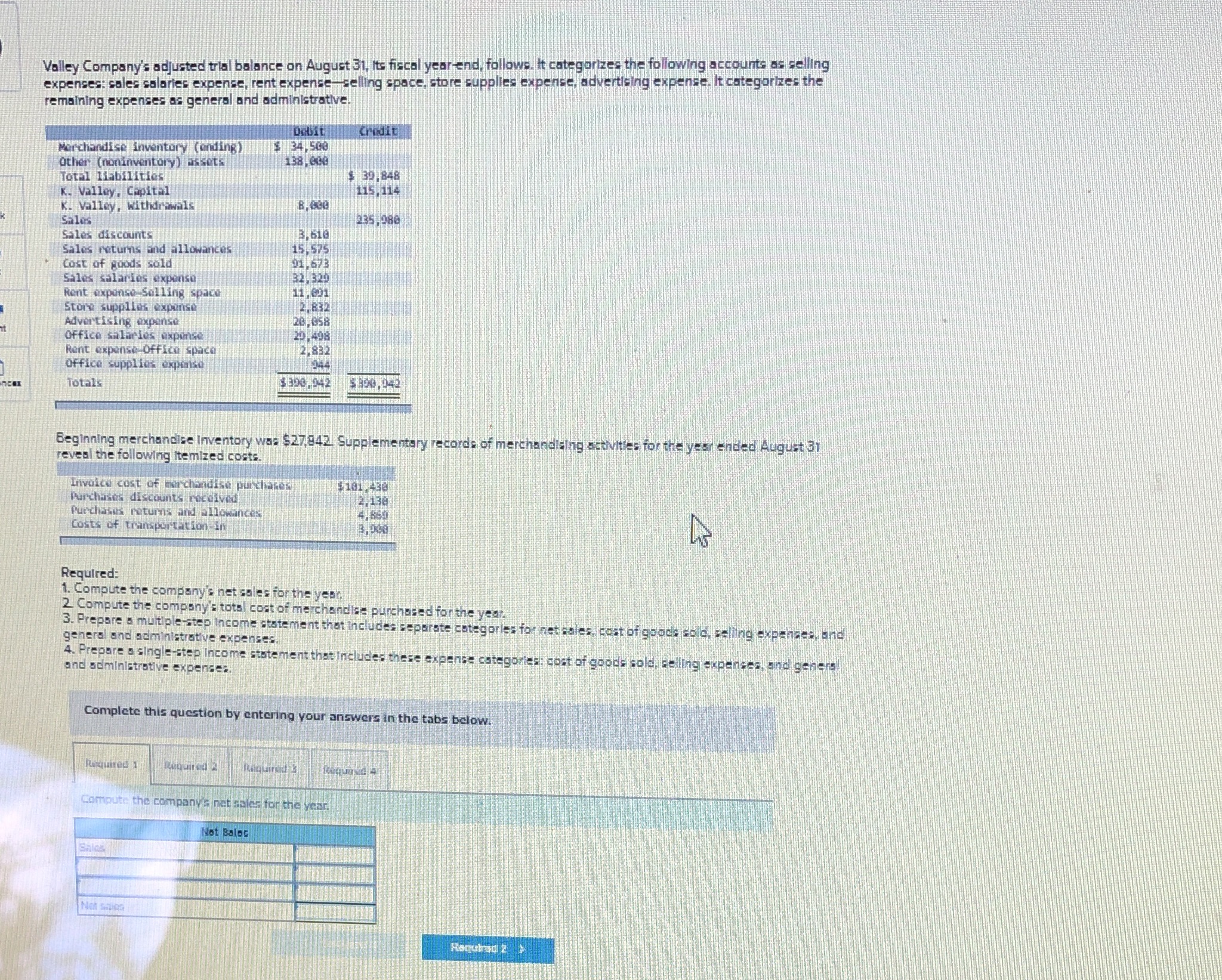 10 Valley Company's adjusted trial balance