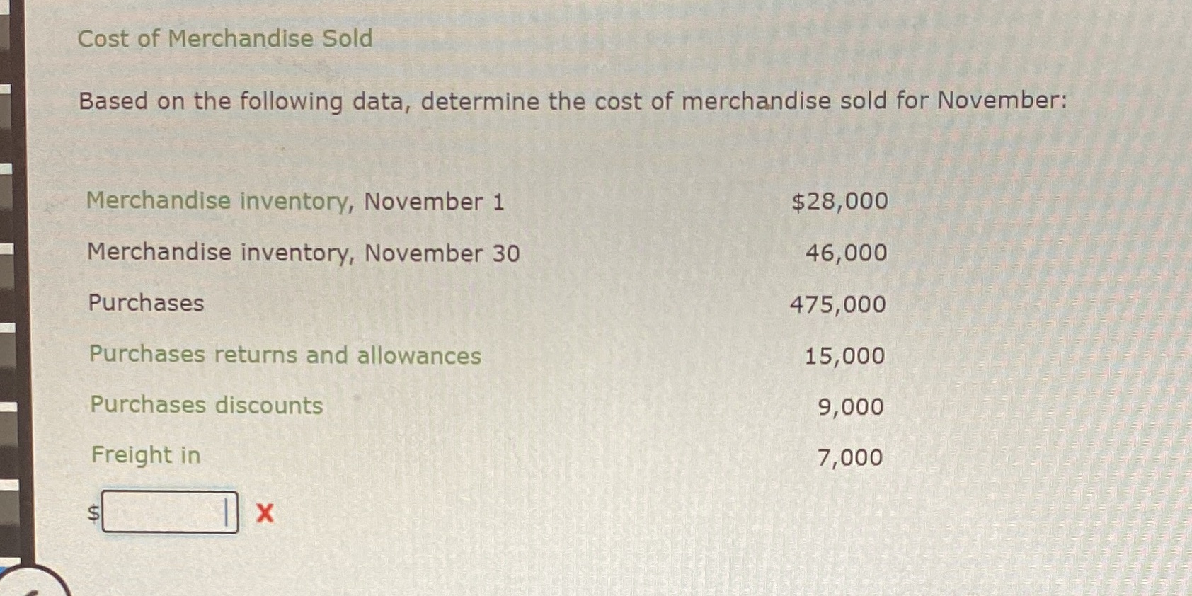 Cost of Merchandise Sold Based on the following