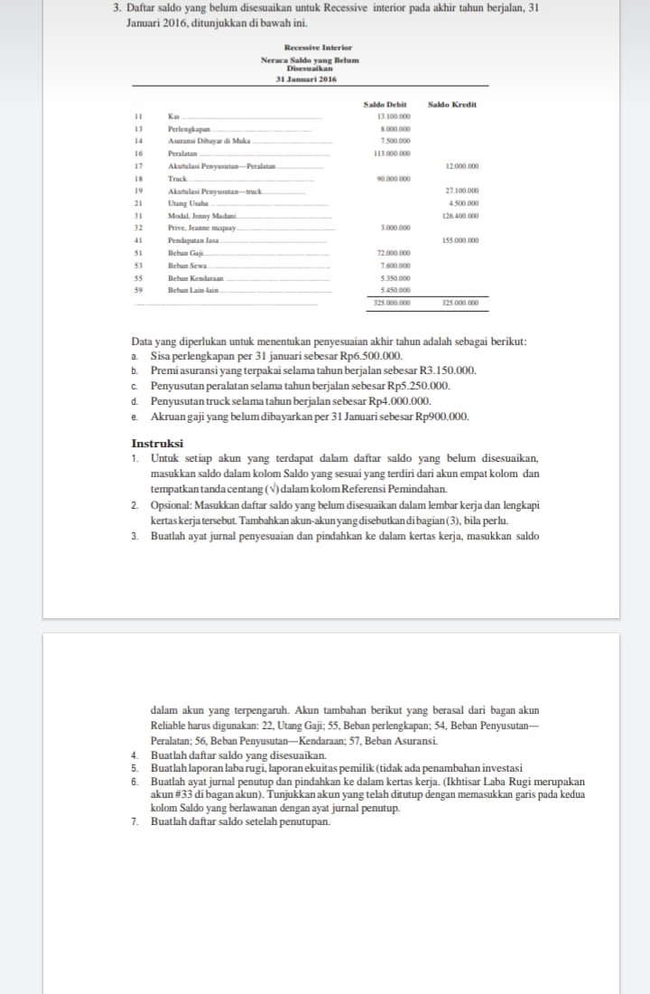 3. Daftar saldo yang belum disesuaikan untuk