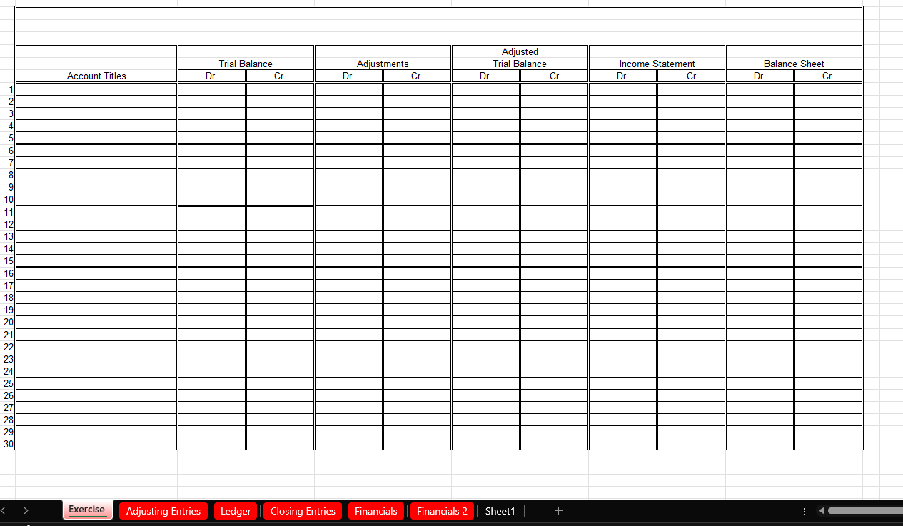 Using the excel spreadsheet finish the accounting