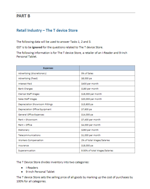 PART B Retail Industry - The T device Store The