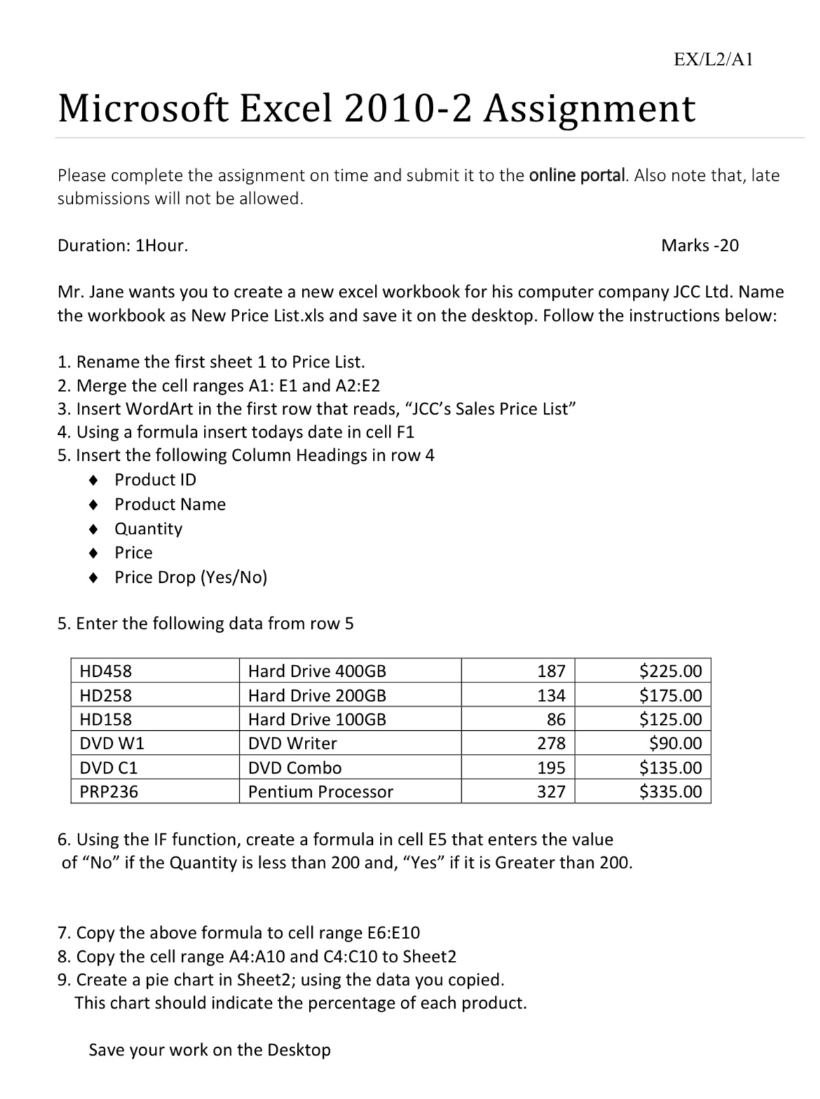 EX/LZ/Al Microsoft Excel 2010-2 Assignment Please