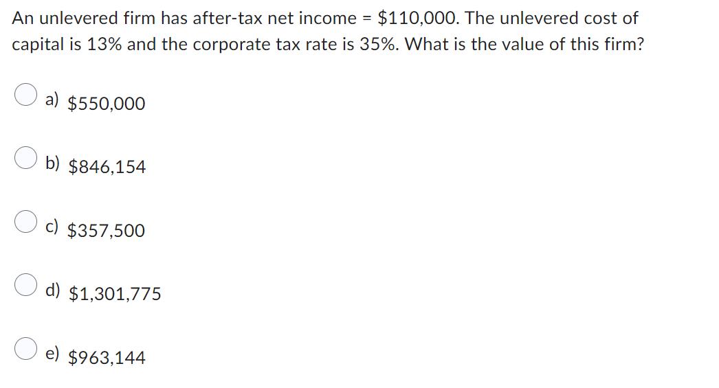 An unlevered firm has after-tax net income =