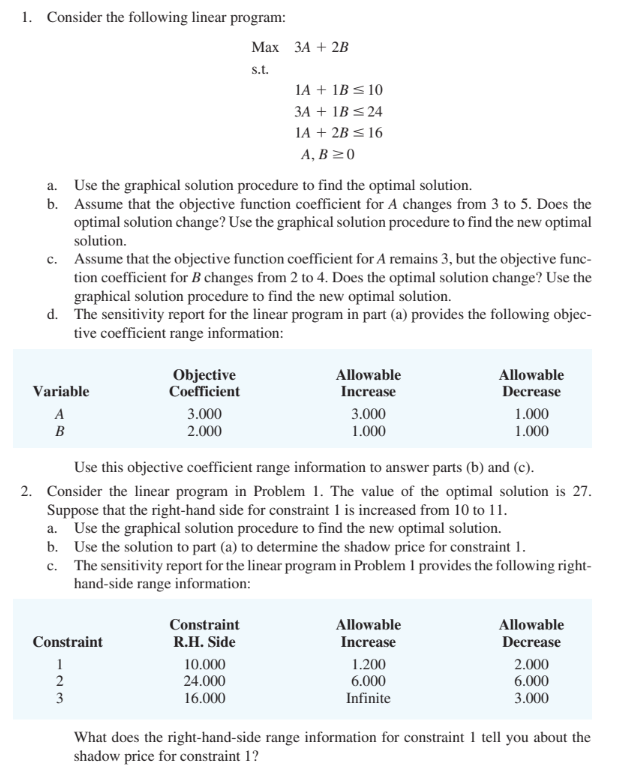 1. Consider the following linear program: Max 3A