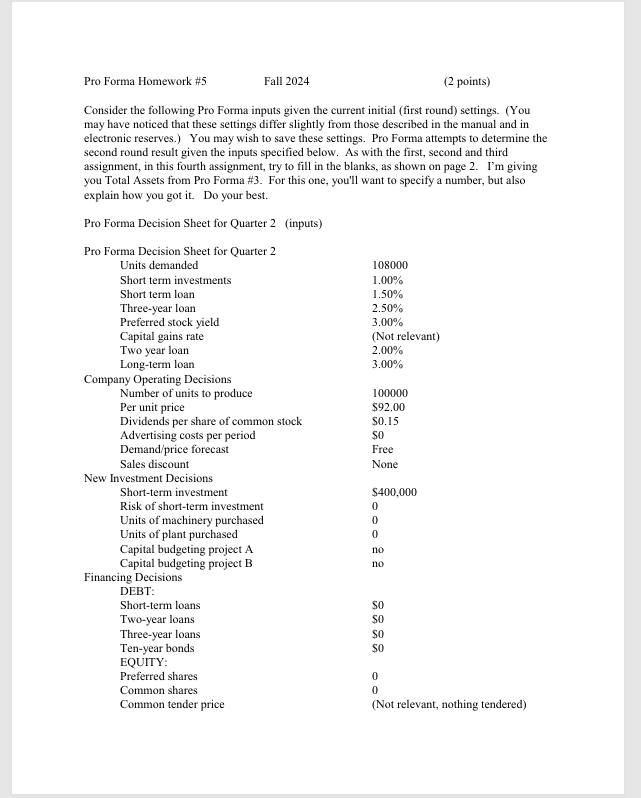 Pro Forma Homework #5 Fall 2024 (2 points)