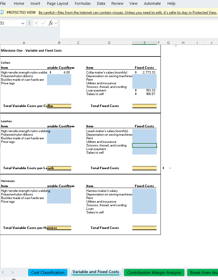 B C D E F G H Milestone One - Cost Classification