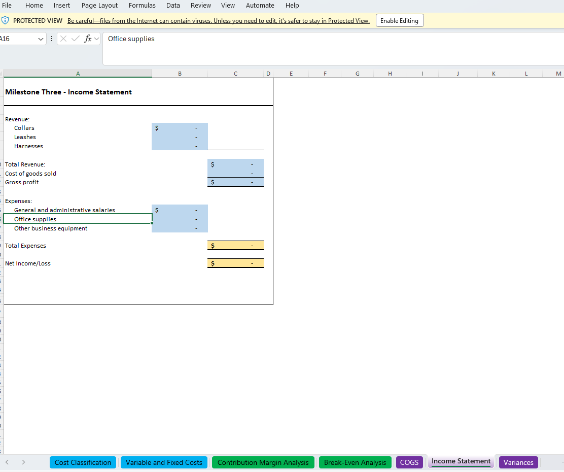 B C D E F G H Milestone One - Cost Classification